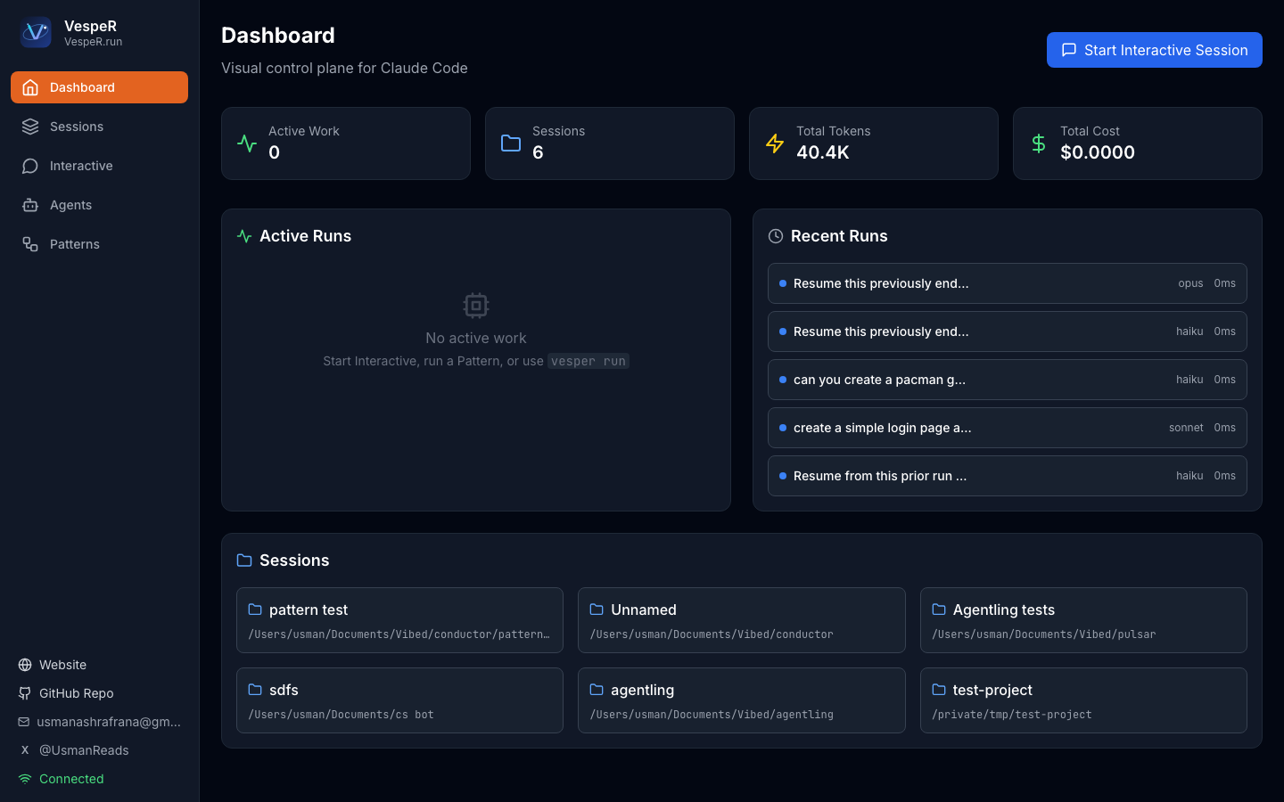 VespeR dashboard with active work and recent runs